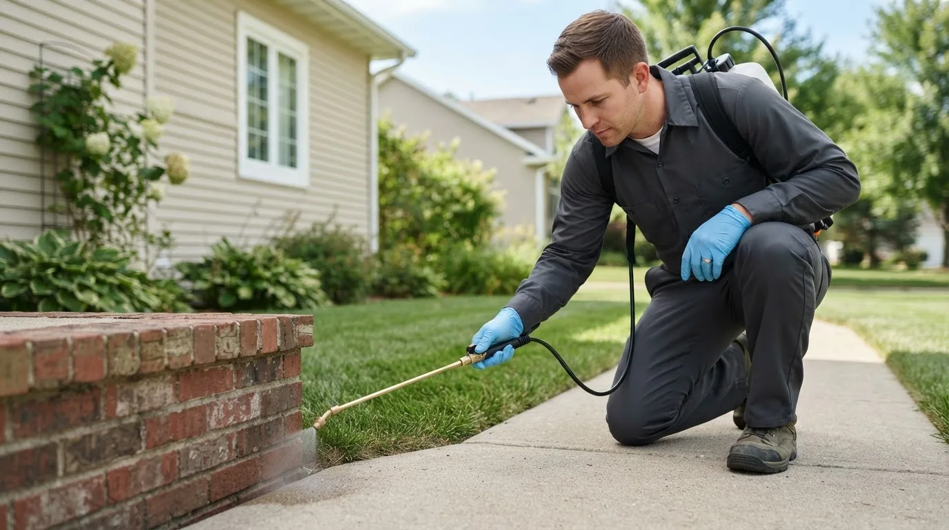 Pest control technician treating a home near Hartley, IA
